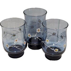 3 Libbey Indigo Blue Juice Drinking Glasses handpainted dogwood flower vintage